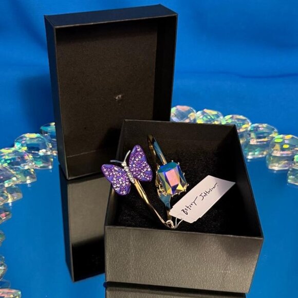 NEW BETSEY JOHNSON PURPLE BUTTERFLY & IRIDESCENT JEWEL GEM TYPE HINGED BRACELET - Picture 11 of 13